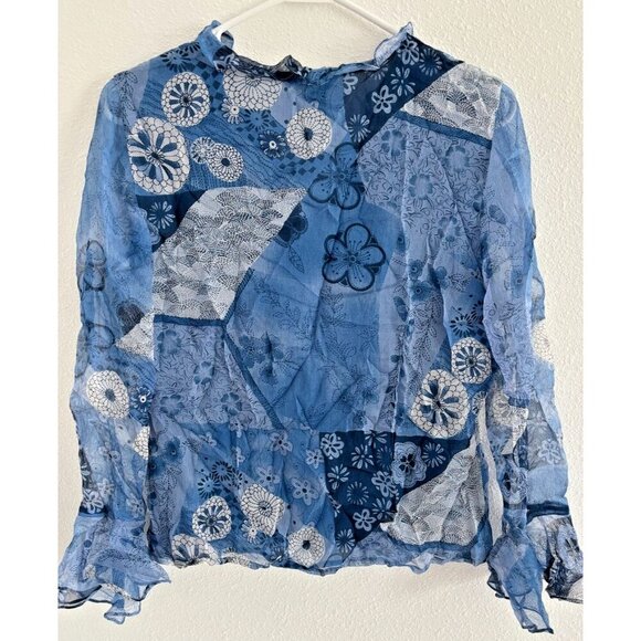 Vtg 90s Y2k Babydoll Flutter Belle Sleeve Silk Sz S Blue Phoebe Buffy Whimsigoth - Picture 2 of 9